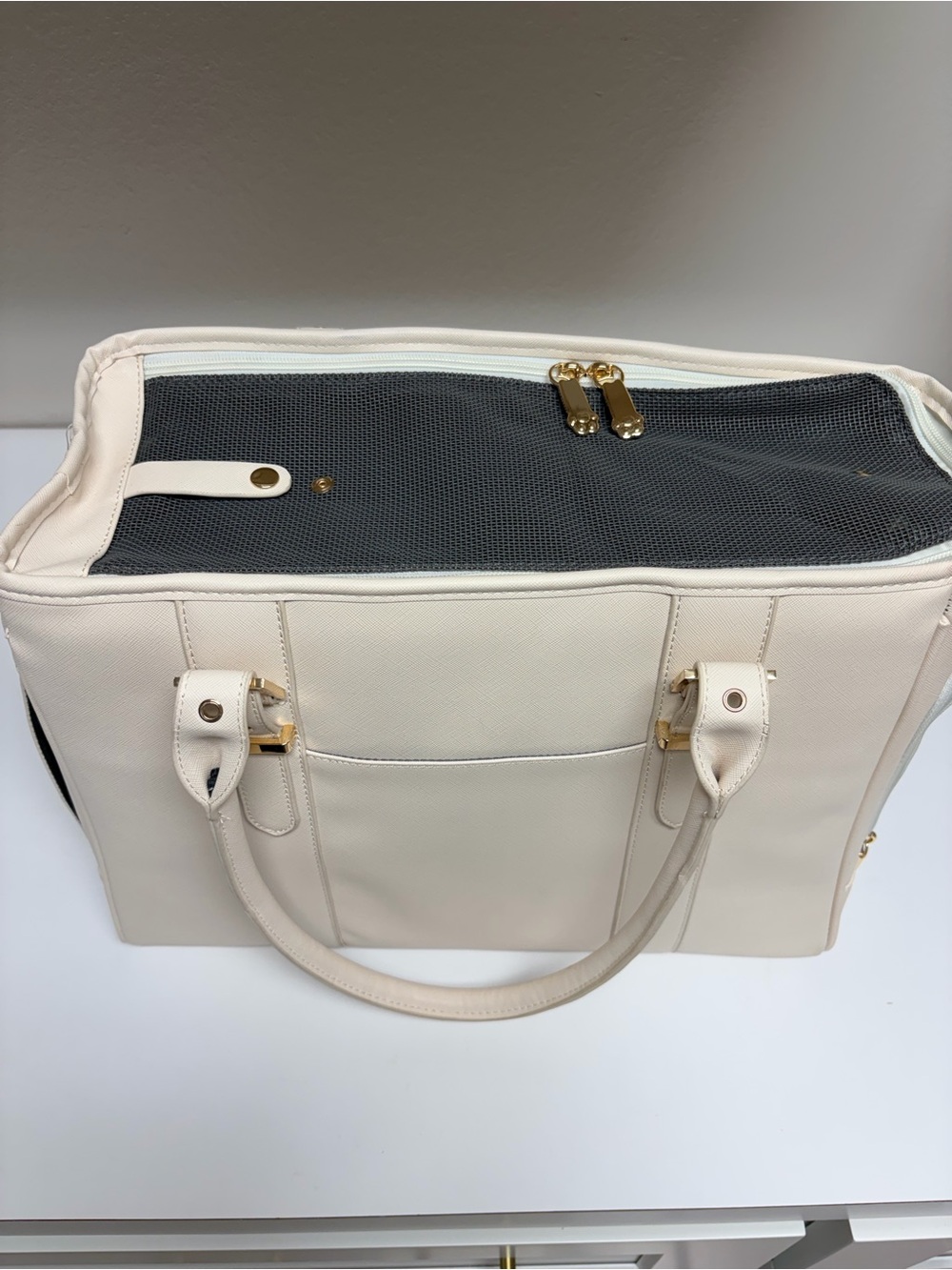 Minsong Cream Pet Carrier with Gold Hardware, fits small dog up to 10lbs.